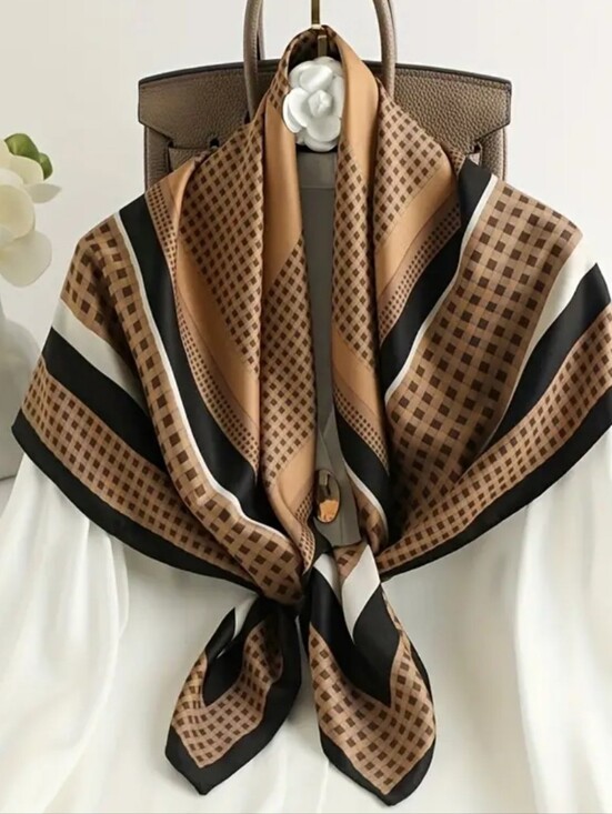 Accessories - Silk-feel  Brown Patterned Scarf - Elegant Women's Head Scarf, Neck Scarf